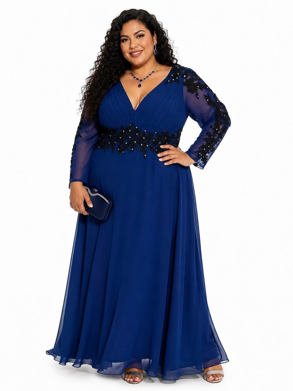 HEBEOS Cobalt Blue & Black Lace Crystal Formal Gown – Fits 18/20